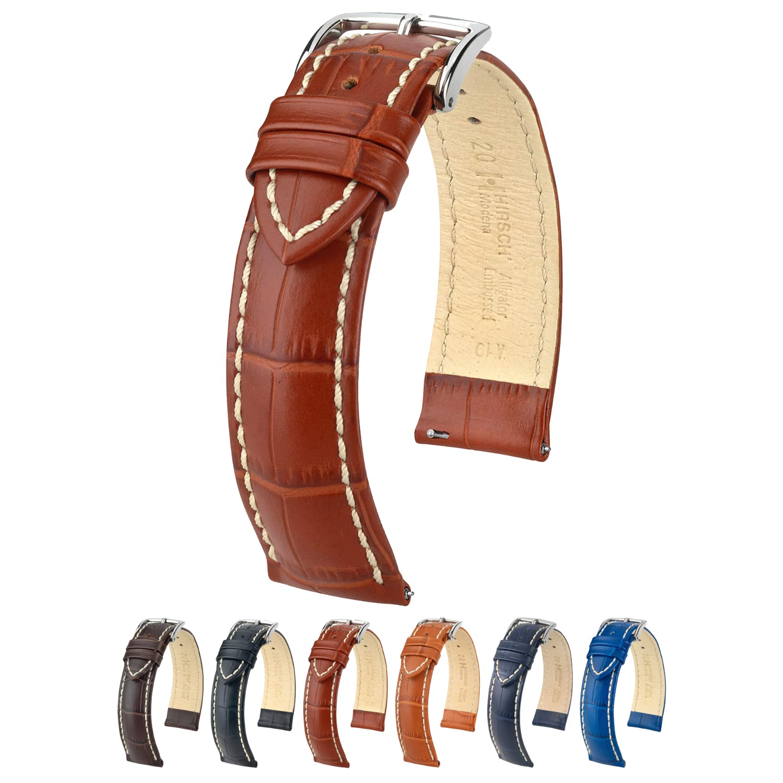 HIRSCH Modena L, Alligator Grain, Contrast Stitching Watch Strap in Gold Brown, 24 mm, Steel Buckle