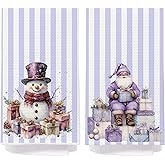 IAFQWDS Purple Christmas Snowman Santa Kitchen Towels, Purple and White Striped Christmas Dish Tea Towels, Xmas Winter Holiday Decorative Hand Towel for Bathroom Kitchen, 16x24 Inch Set of 2