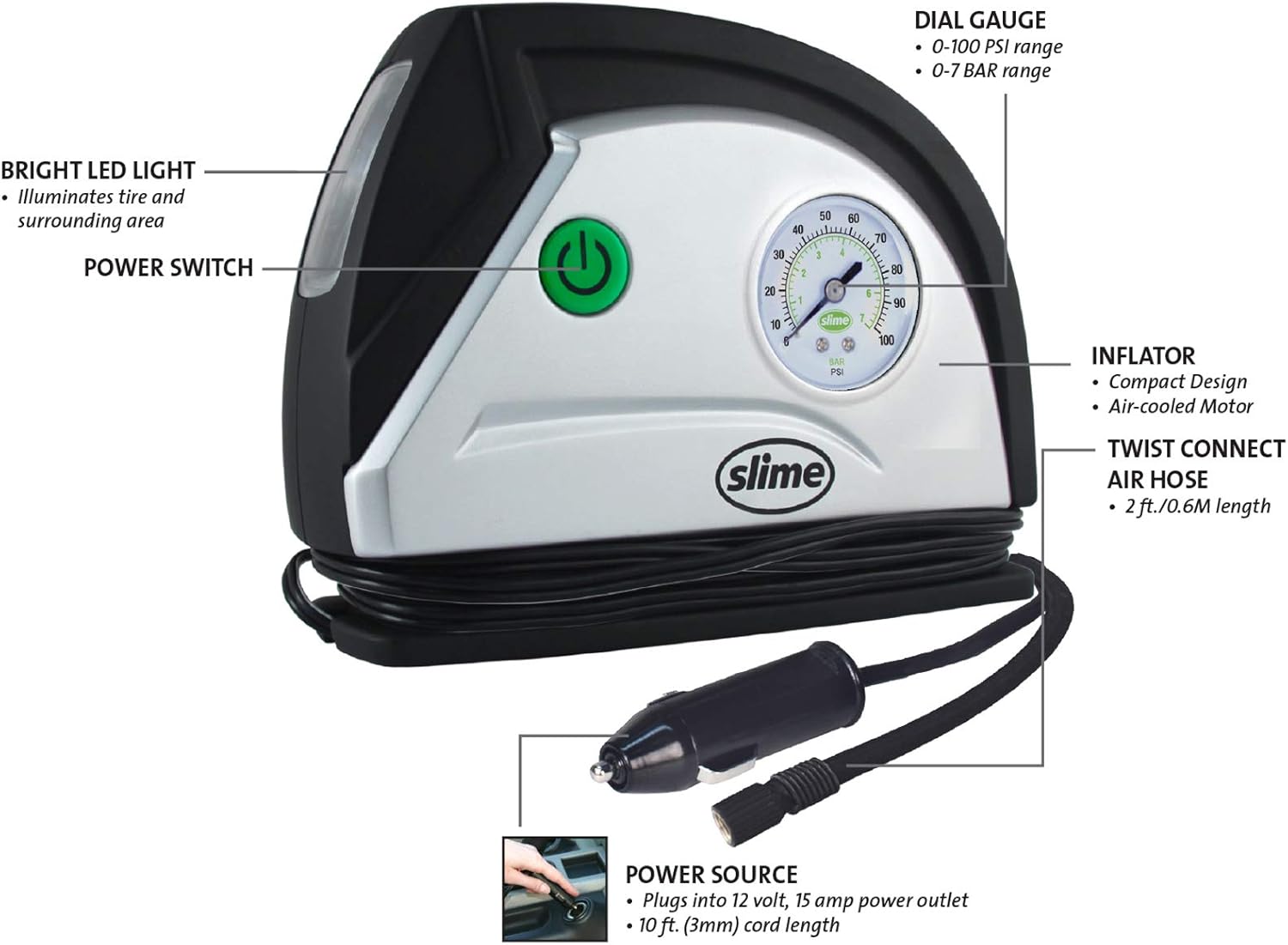 Slime 40050 12V Tire Inflator Portable Air Compressor Auto Pump with 100 psi Gauge, Long Hose and LED Light: Automotive