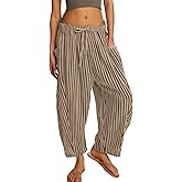 DURUNUL Women Summer Striped Harem Pants Casual Baggy Wide Leg Tapered Trousers Drawstring Waist Palazzo Pants with Pockets Khaki