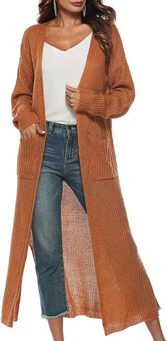 Womens Casual Long Open Front Cardigan Sweater Long Sleeve Split Casual Maxi Knitted Duster 
