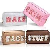 Burskit Preppy Makeup Bags Stoney Clover 4 Pcs Travel Organizer Patch Bag Large Varsity Chenille Letter Cosmetic Toiletry Preppy Stuff Cute Bags Portable Pouch Storage Purse Bag Set
