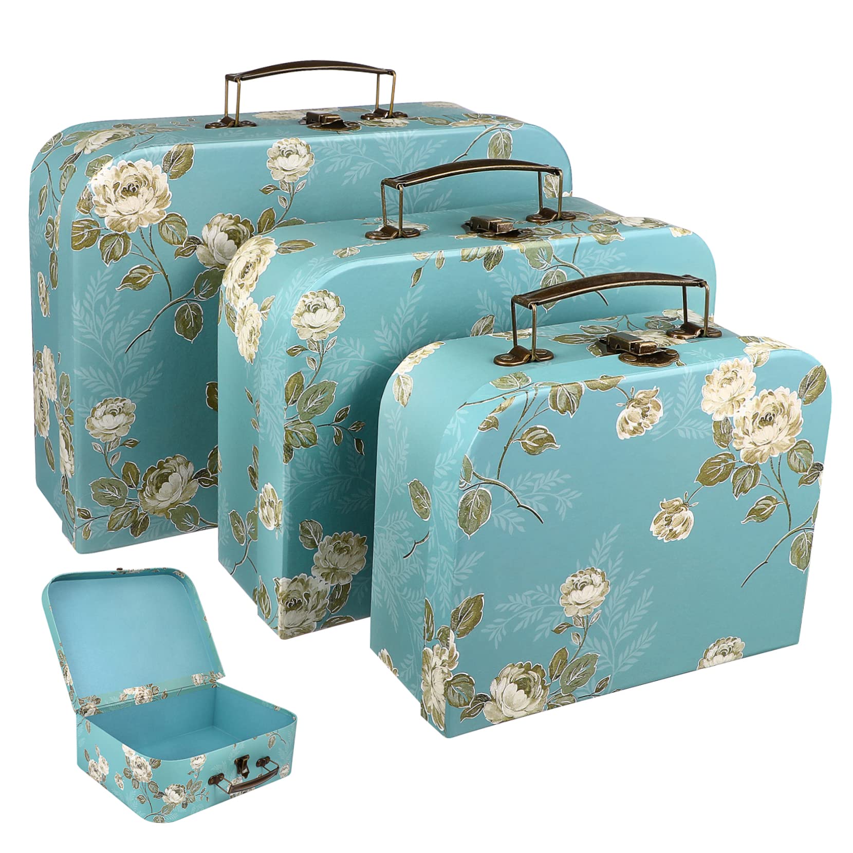 RORPOIR 3 Pcs Paperboard Suitcases with Handles Floral Print Decorative Cardboard Storage Boxes Crafts Boxes for Baby Shower Wedding Birthday 3Pcs 3.7X8.6X3.7 Inches
