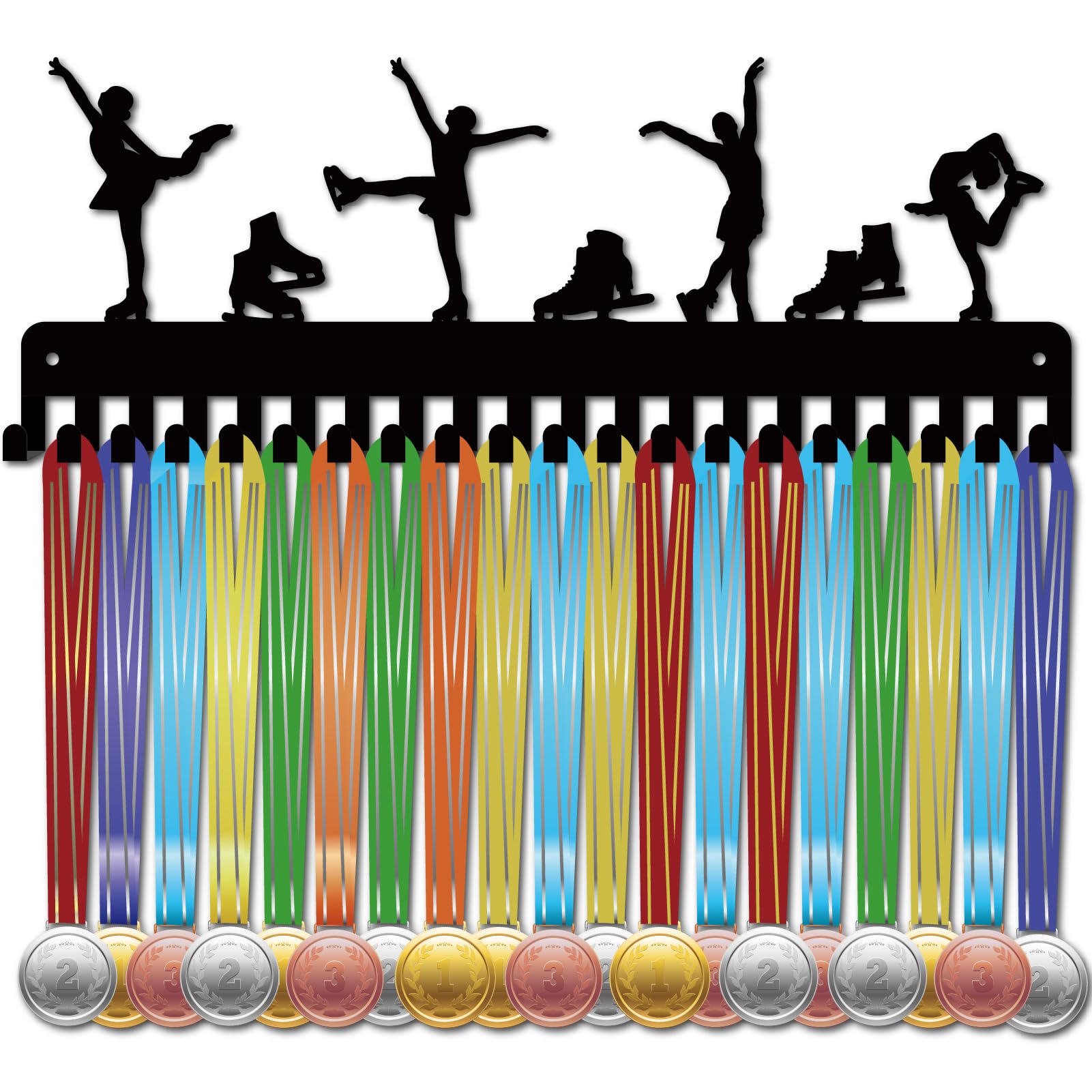 CREATCABIN Skating Medal Holder Medal Hanger Display Rack Sports Medal Hanging Wall Mounted Decor Metal with 20 Hooks Ice Skating Athlete Player Race Winner Gift for Women Friends Black 15.7x5.9 Inch