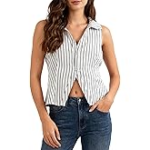 Amazhiyu Womens Cropped Summer Button Down Vest Sleeveless V Neck Stripes Tops