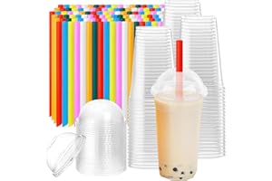 100 Set Clear Plastic Cups with Dome Lids, 32oz Disposable Clear Plastic PET Cups with Colorful Straws, Beverage Party Cups f