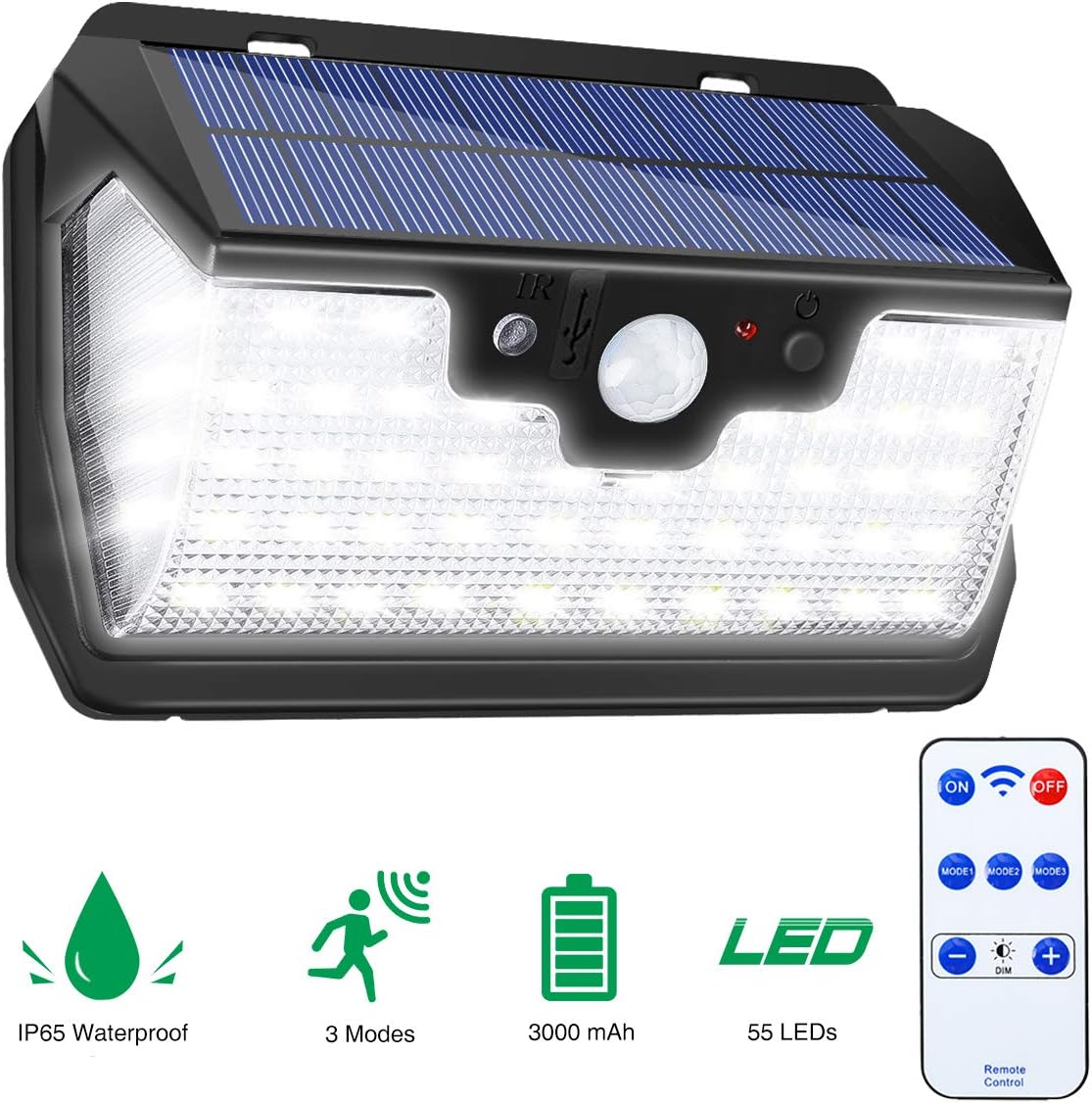 Solar Lights Outdoor SOLMORE 55 LED 6W Motion Sensor Security Lights, Solar Powered Outdoor Wall Lights, Waterproof, 3 Modes 3000mAh, for Garden/Yard/Pathway with Remote Control USB Rechargable [Energy Class A++]