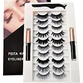 FEITA Upgraded Magnetic Eyelashes Kit with Eyeliner - 10 Pairs Magnetic False Lashes Natural Look with Applicator, 2 Tubes Magnetic Eyeliner - Easy to Apply &amp; No Glue Needed