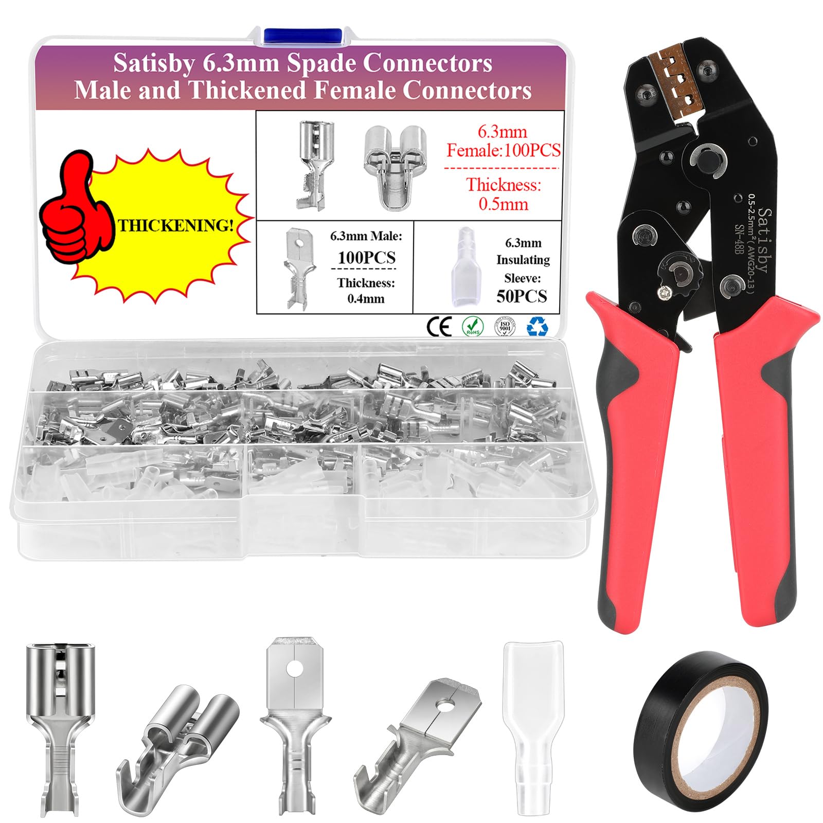 Satisby Thickened 6.3mm Female Spade Connectors,with Male Spade Terminals,Brass Tin Plating, Antioxidant,with Professional Crimping Tools, Insulating Sleeves, Electrical Tape