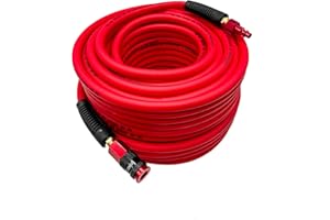 SYXQT Hybrid Air Hose 1/4-Inch x 100FT,Air Compressor Hose 300 PSI Heavy Duty, Lightweight, Kink Resistant, All-Weather Flexibility With 1/4-Inch Swivel Solid Aluminum Quick Coupler and Plug, Red