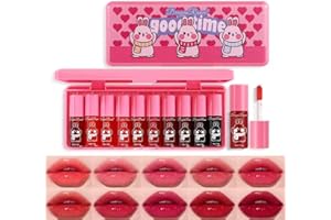 Eakroo 10 Colors Lip Tint Stain Set, Korean Lip Gloss Watery Lip Stain Moisturizing Mini Liquid Lipstick Set, Blush for Cheeks, Lipstick for Women, Non-Stick Cup, Long-Lasting, Vivid Color (Set B)