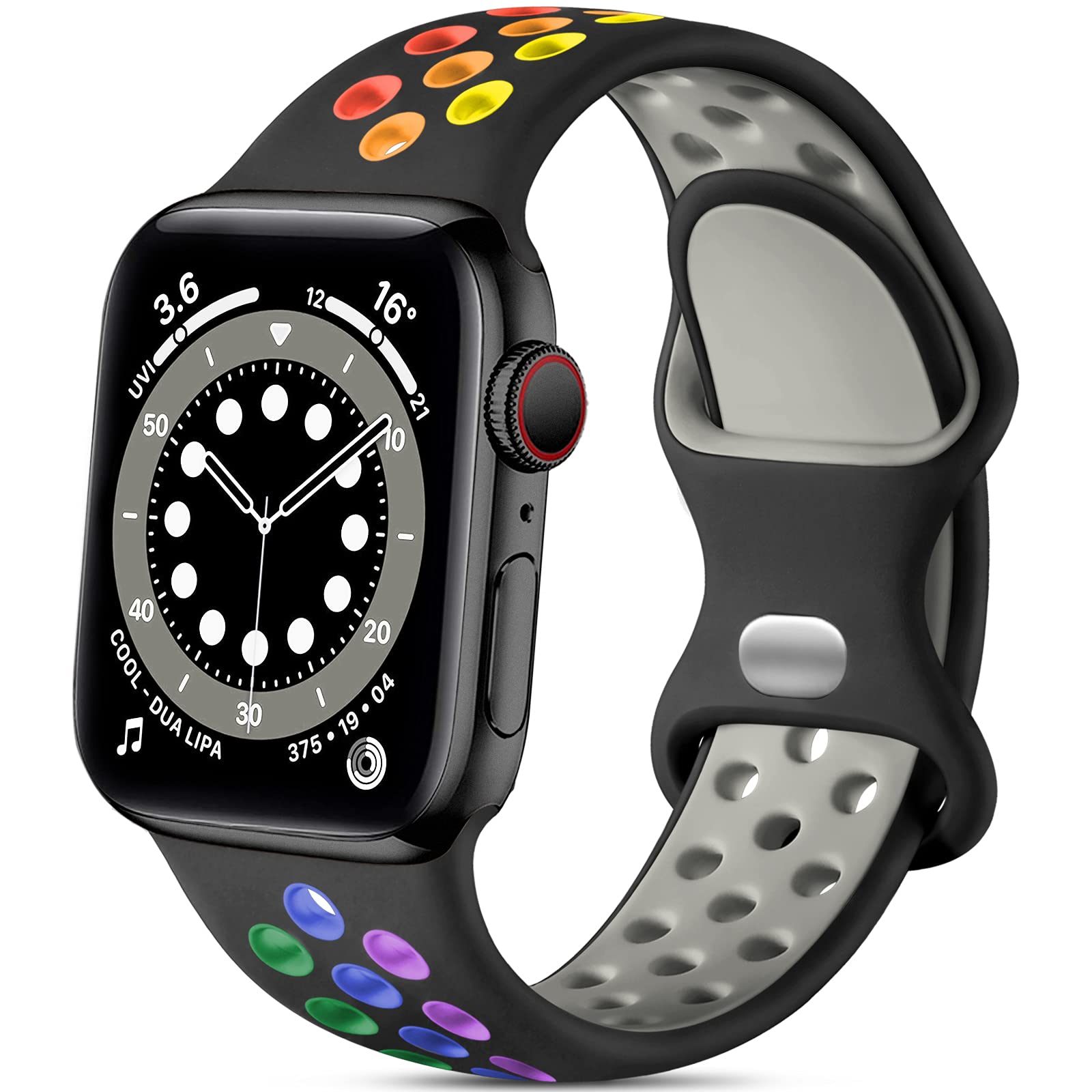 Epova Silicone Sport Strap Compatible with Apple Watch Strap 38mm 40mm 41mm 42mm, Breathable Replacement Straps for iWatch SE 3 Series 11 10 9 8 7 6 5 4 3 2 1, Black/Rainbow, Large