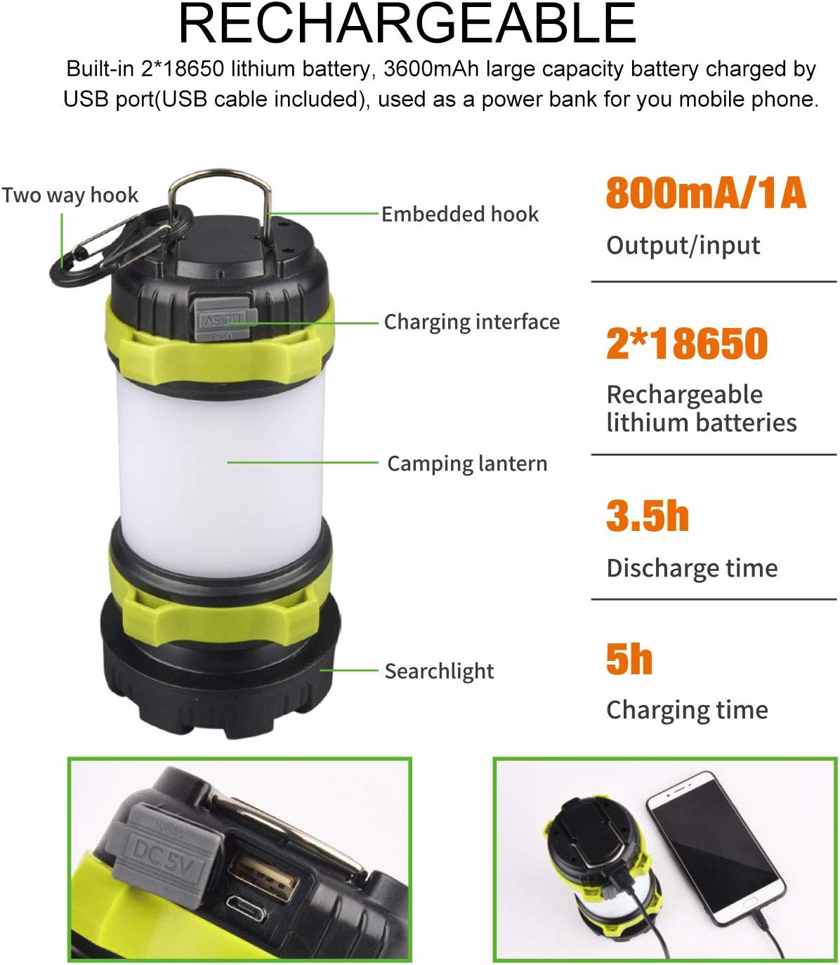 Consciot Rechargeable Camping Lantern Flashlight, LED with 6 Modes, 3600mAh Power Bank, IPX4 Waterproof, Two Way Hook, Portable with USB Cable for Emergency, Camping, Hiking, Outdoor Activities - - 
