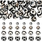 KISSITTY 36pcs Natural Agate Beads Faceted Dzi Round Eyes Gemstone Spacers Black Color Tibetan Style Assorted Sizes for DIY Bracelet Necklace Earring Jewelry Making Crafts for Women Men