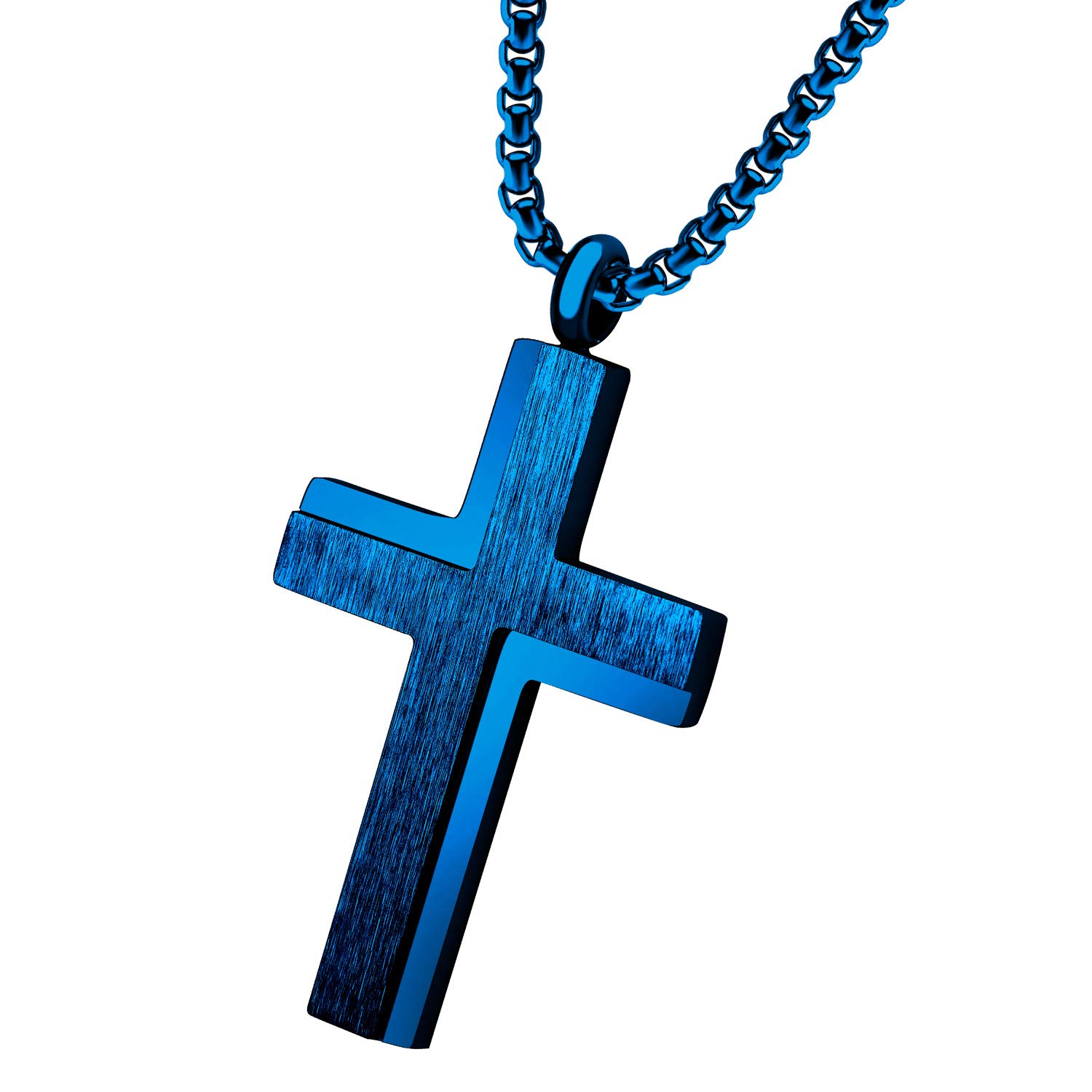 555Jewelry Stainless Steel Cross Necklace for Men, Cross Necklace for Women, Box Link Chain, Cross Pendant for Men, Womens Cross Necklaces, Cross Necklaces for Men, 18 Inch, Blue