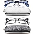 EYEURL Black Computer Reading Glasses 2 Pair Blue Light Blocking 1.75 Magnification Stylish Readers for Women Men Rectangular Frame Transparent Lens and Hard Case
