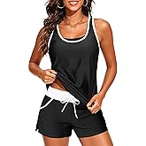 3 Piece Tankini Blouson Tank High Waisted Shorts with Pockets Sports Bra | Adjustable Criss-Cross Straps, Tummy Control, Push-Up Removable Pads, Dual Smart Pockets, Built-In Safety Brief, Athletic
