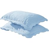 MarCielo 100% Cotton Embroidered Quilted Pillow Shams - King - Light Blue