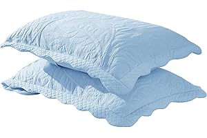 MarCielo 100% Cotton Embroidered Quilted Pillow Shams - King - Light Blue