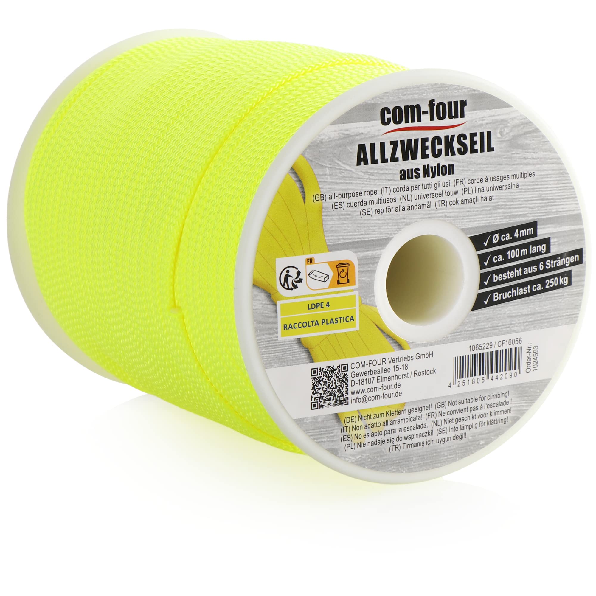 COM-FOUR® Paracord cord Ø 4mm, 100m - rope with 6 core strands for boats, camping, outdoor - nylon rope with 250kg load capacity - tent rope, guy rope, all-purpose rope