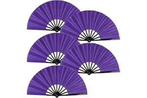 BRYCTSISEN 5 Pack Large Folding Fan Popping Fabric Handheld Rave Foldable Fans for Line Dance Parties Outdoor Events Performance Decorations (Purple)