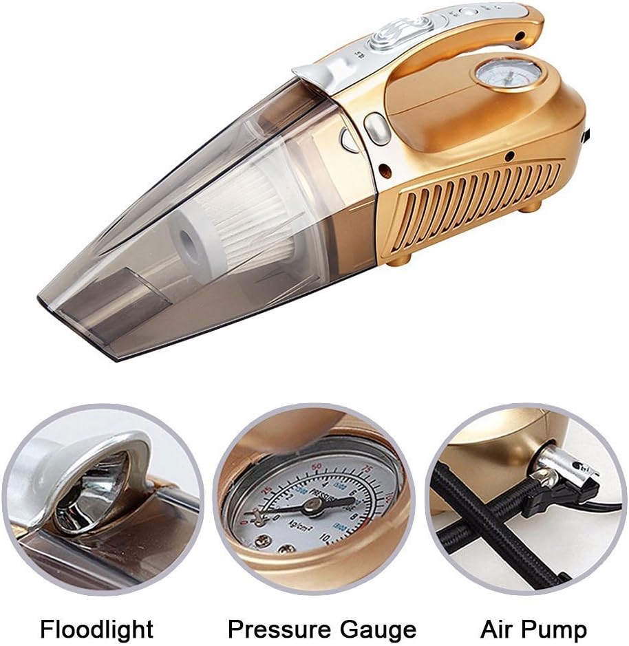 Vzer 4 in 1 Protable 12V 100W Handheld Auto Car Vacuum Cleaner Wet and Dry Dual-use With LED Lamp, Measuring Tire Pressure, Tire Pump Function - Golden