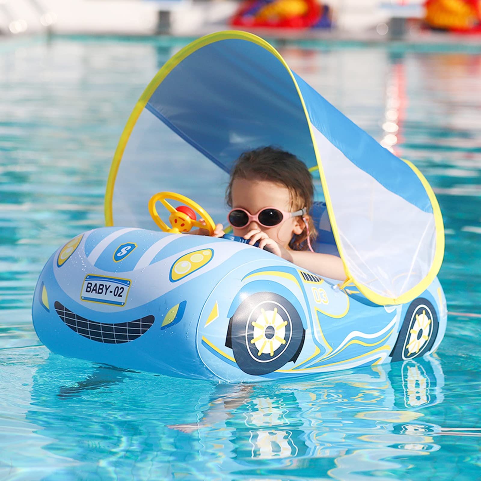 Balakaka Toddler Pool Float Inflatable with Double Handles Swim Trainer Newborn Car Baby Swim Float with Adjustable Sun Canopy and Safety Seat Pool Toys for kids 1-4 Years-Blue
