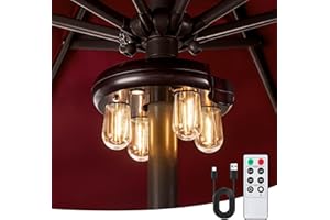 OPOIRA Patio Umbrella Light with Remote Control, Rechargeable Cordless LED Edison Bulbs Pole Light with 10 Brightness Levels for Garden, Patio, Backyard, Camping or BBQ - Brown (1 Pack)