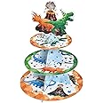 WERNNSAI Watercolor Dinosaur Cupcake Stand - Dinosaur Birthday Party Decorations for Kids Boys 3-Tier Cardboard Cupcake Stand Holder Round Serving Tray Stand Dessert Tower Dino Theme Party Supplies