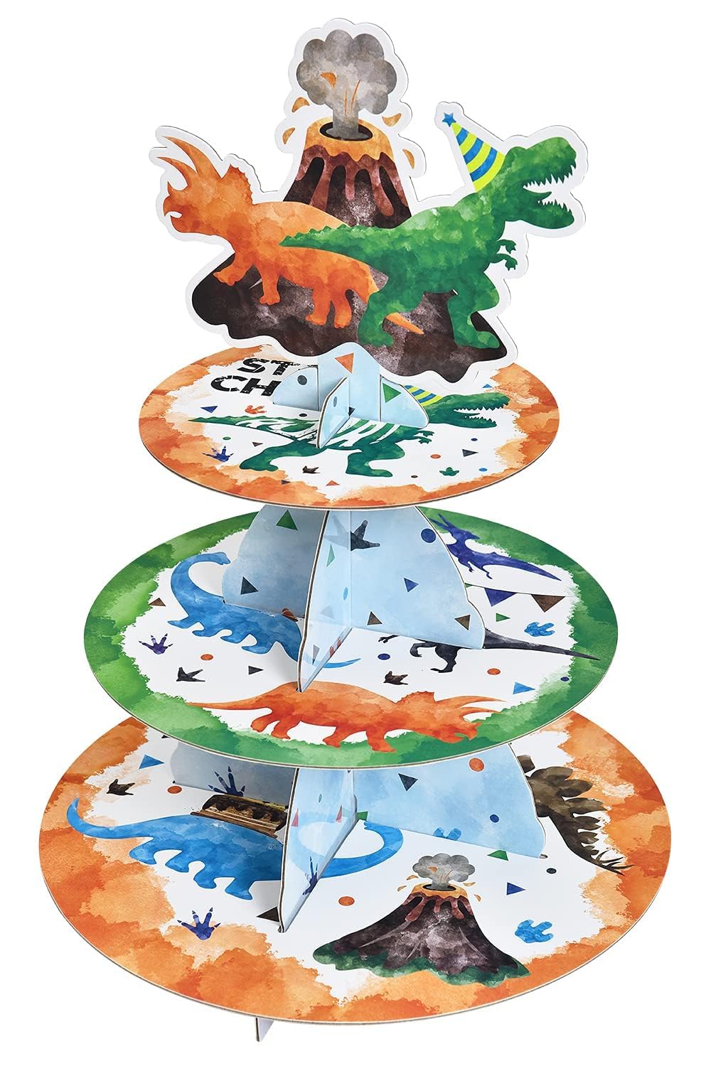 WERNNSAI Dinosaur Cupcake Stand - 3-Tier Dinosaur Party Decorations Cake Dessert Tower for Kids Boys Birthday Party Cardboard Cake Stand Holder Dessert Display Stand Dino Party Supplies