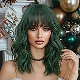 NAYOO Dark Green Wig with Bangs, 14 Inch Bob Wig with Bangs, Shoulder Length Green Short Wig for Daily Party Use