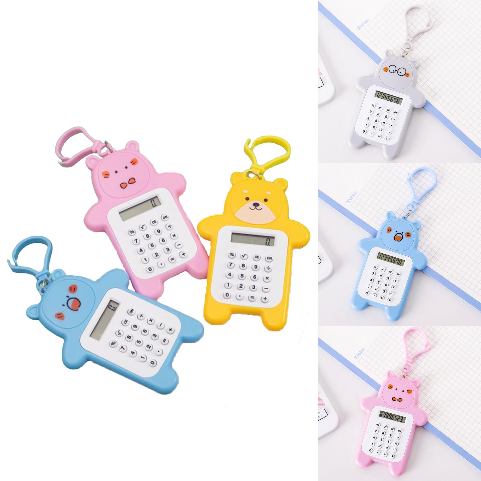 3 Pack Mini Pocket Calculators for Children, 8-Digit Display Mini Calculator Kids Basic Calculator,Cartoon Bear Calculator,Portable Calculator with Keychain for School Student Office, Random Color