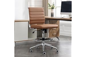 LEPDEP Okeysen Drafting Chair Armless Desk Stool, 400 LBS Ergonomic Leather Tall Office Chair with Adjustable Foot Ring, Modern Standing Desk Chair with Ribbed Mid Back, Swivel Rolling Drafting Stool.