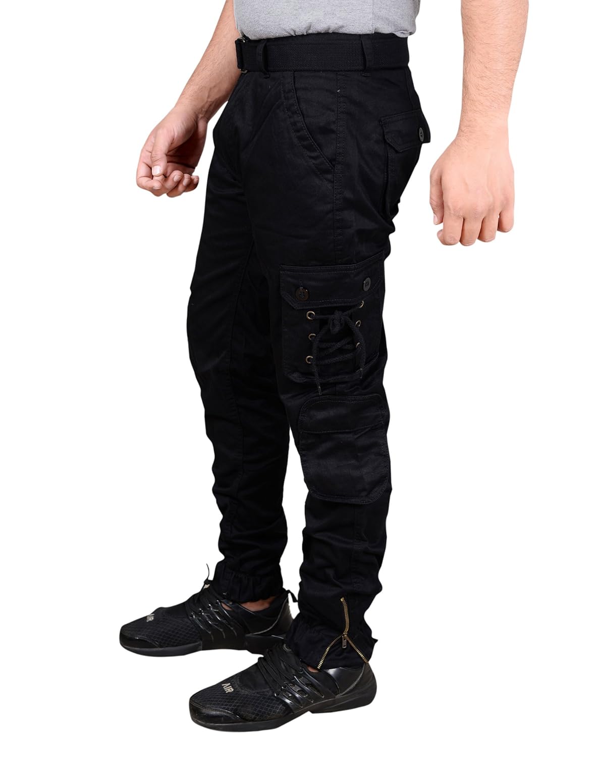 devil men's cotton relaxed fit zipper dori black cargo jogger pants