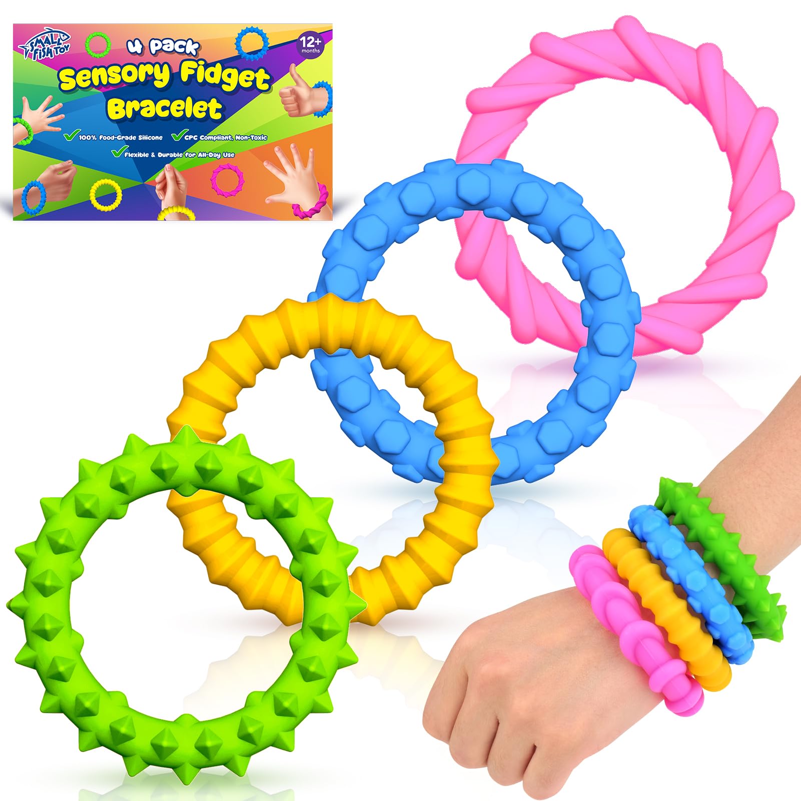 Sensory Fidget Toys Kids Toddlers - 4 Pack Chew Sensory Silicone Bracelets | Calming Autism Quiet Fidgets & Texture Stress Silent Toys for Classroom Prizes | Easter Basket Stuffers Gifts for Toddlers