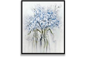 YPY Blue Flowers Wall Art Framed: Abstract Bouquet in Vase Artwork Prints for Girl Bedroom Blue Floral Picture Bathroom Decor 12" x 15"