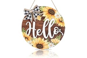 CHDITB Sunflower Decor 3D Hello Welcome Wreath (12''x12''), Rustic Wooden Welcome Wreath Sign with Plaid Bow, Round Sunflower Hello Fall Hanging for Front Door Home Office Farmhouse