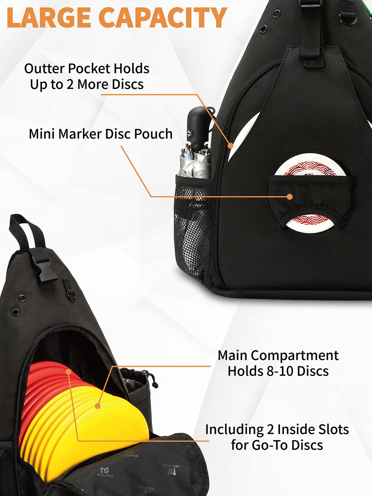 MOYAQI Disc Golf Bag with Retriever Holder and Storage Pockets, Disc Golf Backpack with 8-10 Disc Capacity, Padded Adjustable Strap and Back Panel, Lightweight and Durable (dark0010) - view 4