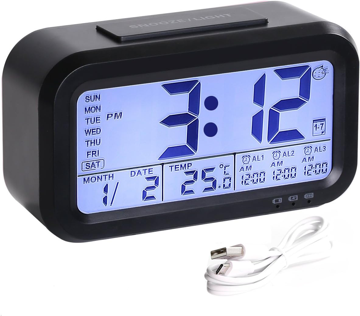 HandAcc Digital Alarm Clock, Backlight LCD Large Display Smart Clock with 3 Alarms, Battery Rechargeable with USB Charger, Black