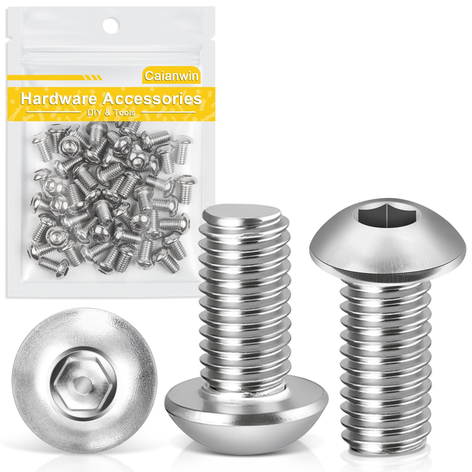 Caianwin M6 x 10mm Bolts 50Pcs Hex Socket Button Head Bolts 304 Stainless Steel Pan Head Machine Screws for Home Office Industrial Electronic
