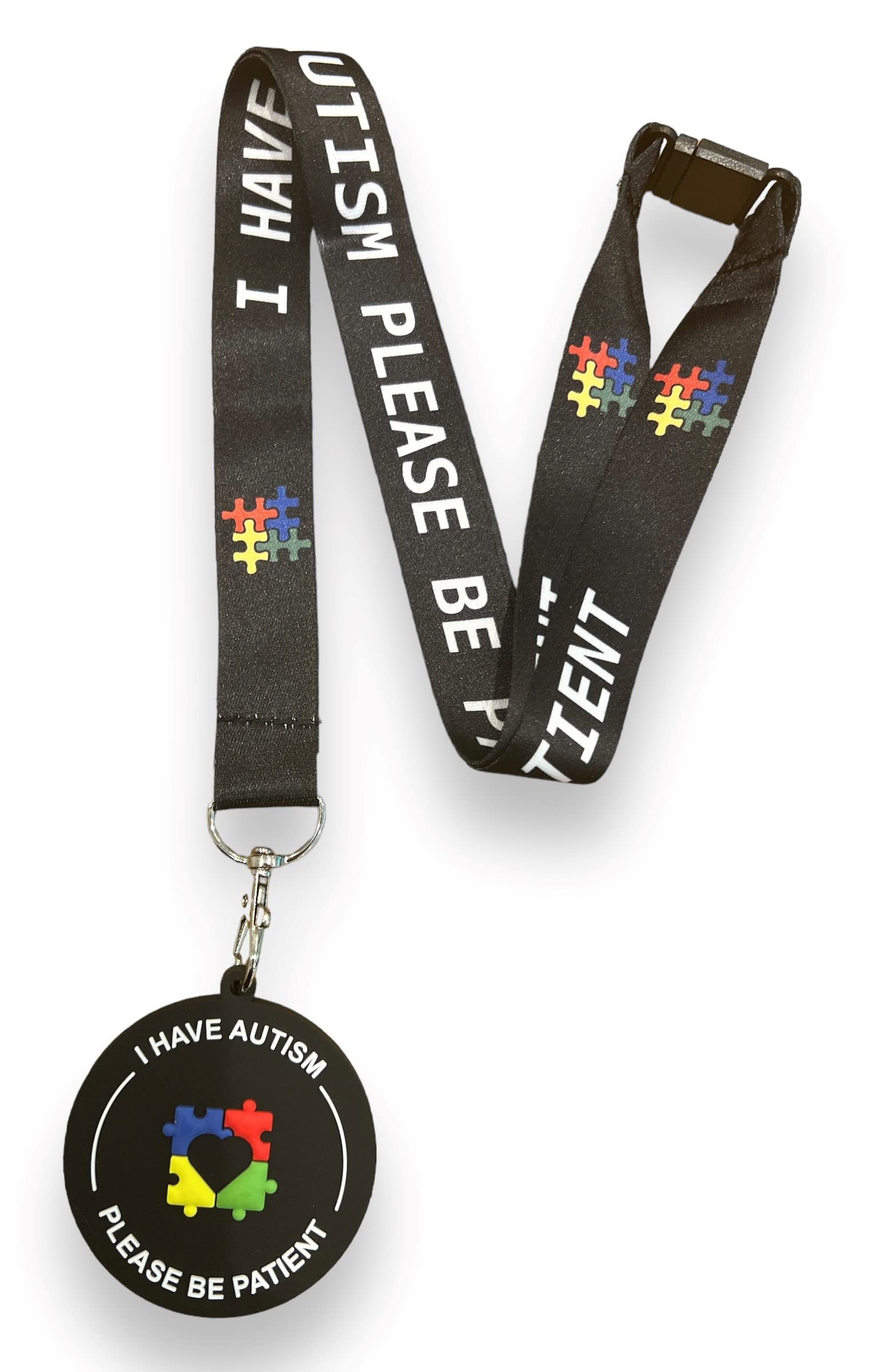 PAC Supplies Global Autism Awareness Lanyard - I have Autism Please Be Patient With Matching PVC 3D Visual Lanyard Disc Tag (Black)