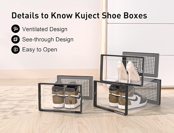 KUJECT X-LARGE SHOE STORAGE BOXES ORGANIZERS CLEAR PLASTIC STACKABLE 12 PACK, SHOE RACK & HOLDER SUBSTITUTE, SNEAKER CONTAINERS, TOY STORAGE ORGANIZER BINS FOR ENTRYWAY, CLOSET, UNDER BED, BLACK