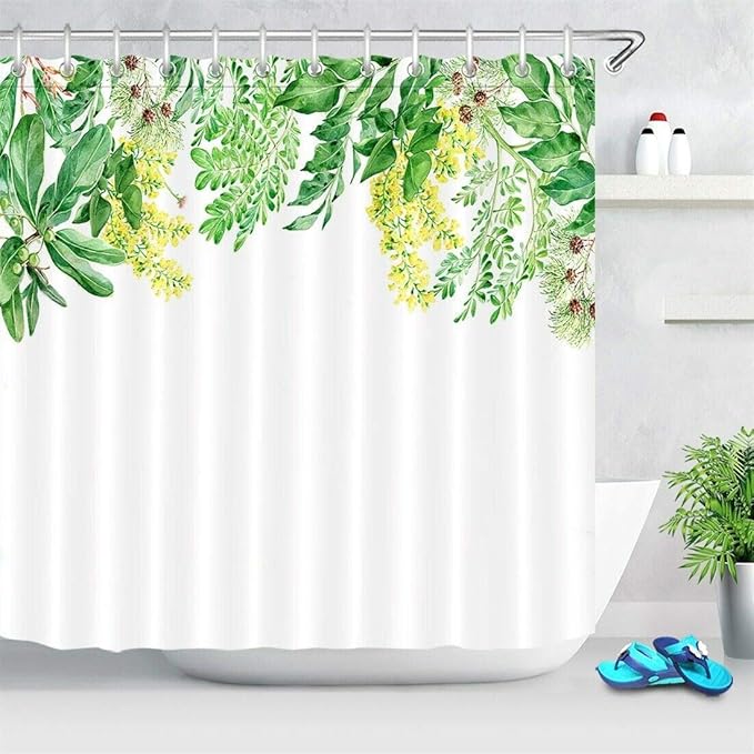 Cortina de ducha con 12 ganchos, diseño de hojas verdes tropicales