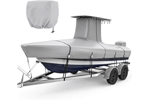 Fonzier T-Top Boat Cover with Motor Cover, 1400D Upper Reinforced Heavy Duty Waterproof Tear-Resistant Boat Cover for Center Console Boat with T TOP Roof, 20'-22' Long Beam Width up to 106", Gray