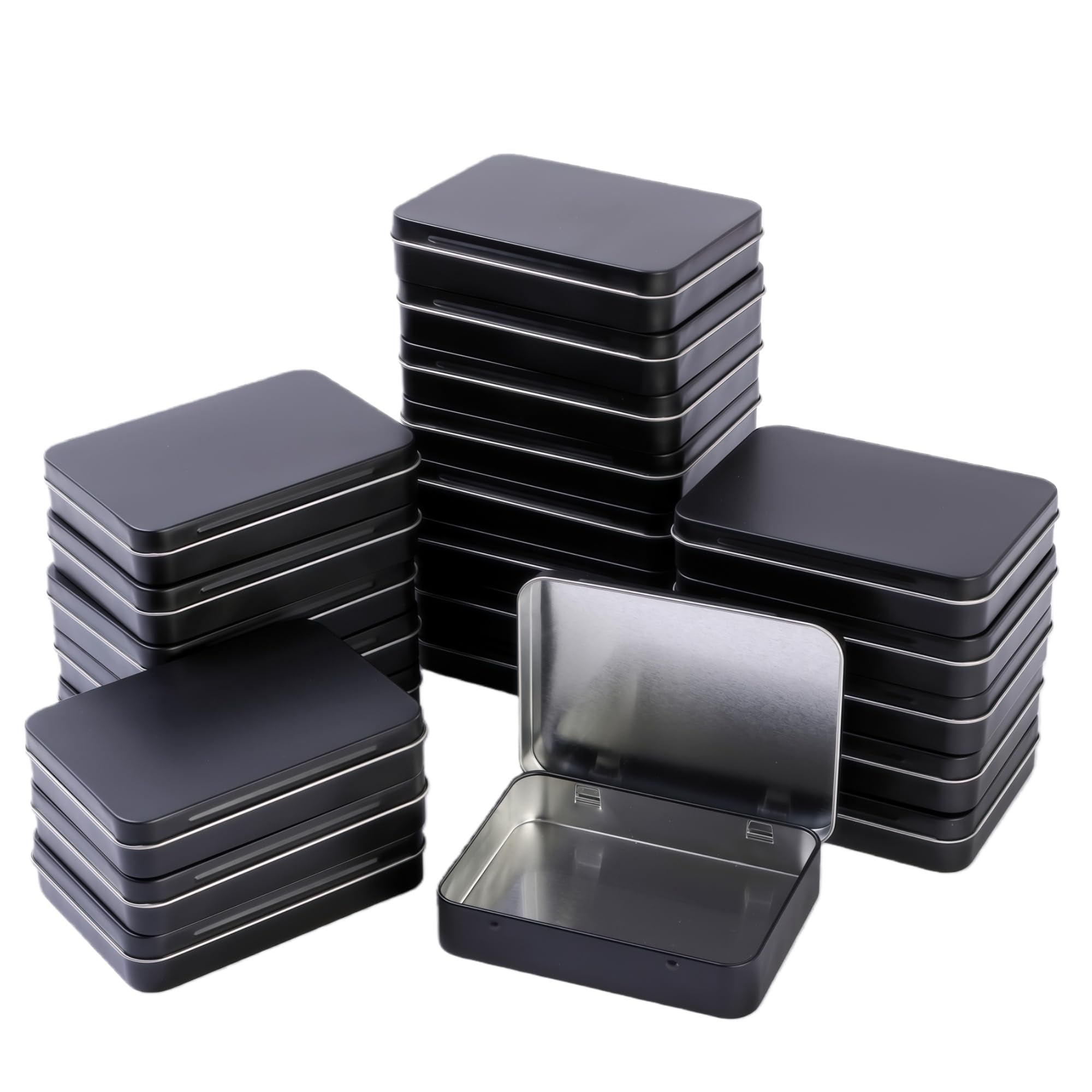 LJY 22 Pack Black Mini Metal Tin with Hinged Lid 11.5 x 8.5 x 2.2 cm - Rectangular Small Storage Tin Box for DIY Crafts, Survival Kits, Beads and Small Item Organiser Containers