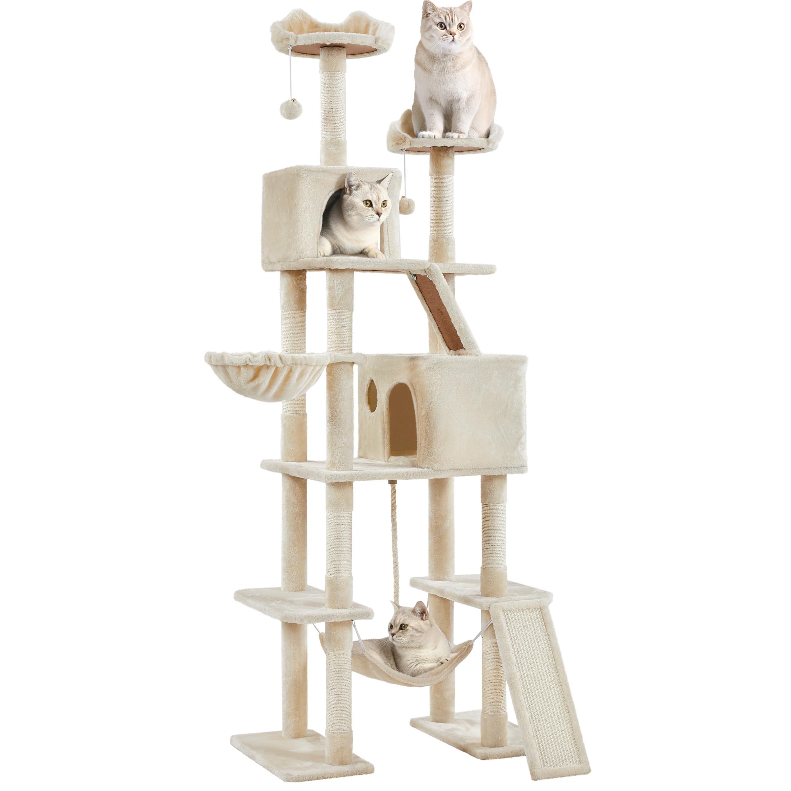 Yaheetech Cat Tree, 82.5in Large Tower w/Hammock, 2 Kitty-Ear Perches, 2 Cozy Condos, Scratching Posts, Basket, Furniture for Large Cats, Kittens, Beige Image