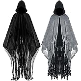 Geyoga 2 Pcs Halloween Horror Grim Reaper Costume Scary Cloak Medieval Renaissance Gothic Wizard Robe Men Women Hooded Cape