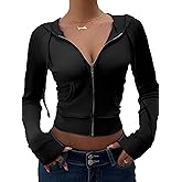 BJhaz Women's Y2k Hoodie Crop Zip Up Ribber Knit Fall Jacket Tops Slim Fit Long Sleeves Sweatshirt with Pockets