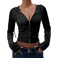 Faretumiya Felpa Con Cappuccio Crop Top Manica Lunga - Giacca A Costine Con Zip, Stile Y2K, Colore Nero Cuore, Taglia M - 2