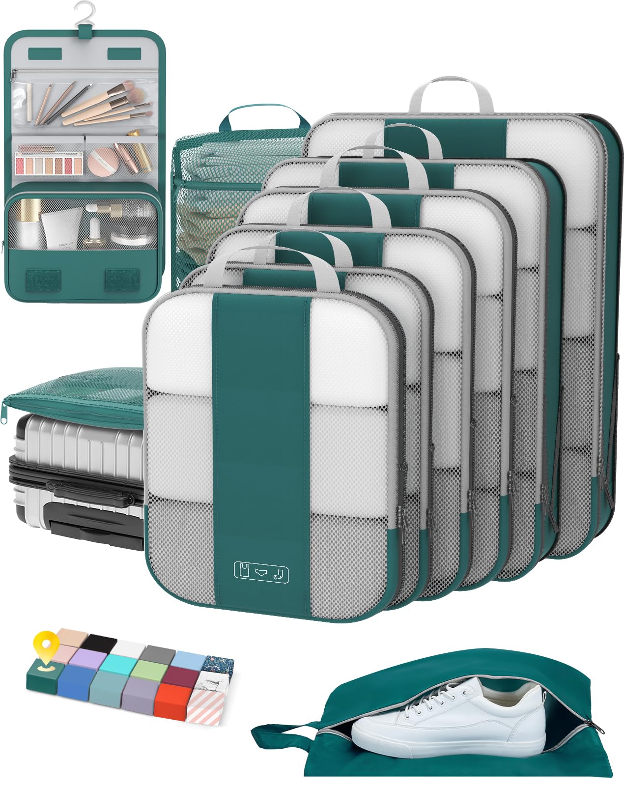 Photo 1 of 10 Set Compression Packing Cubes for Travel Essentials,Compressible Expandable Packing Cubes for Suitcase,OlarHike Luggage Organizer Bags,Handy Helper for Organizing Clothes(Dark Blue Green)